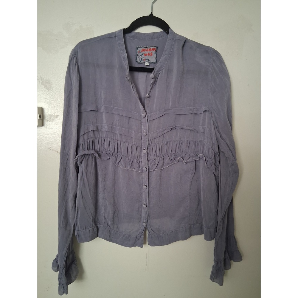 Johnny Was Womens Blue Rayon Ruffle Button Front Boho Blouse Top Large RN87291